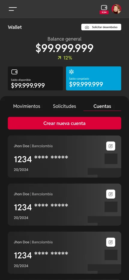 Solicitud de desembolso en tres pasos, eligiendo la cuenta de destino
