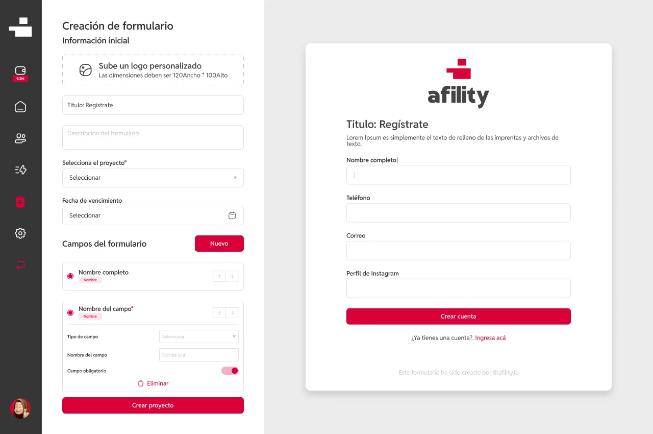 Constructor de formularios de Afility con la vista previa del formulario público al lado