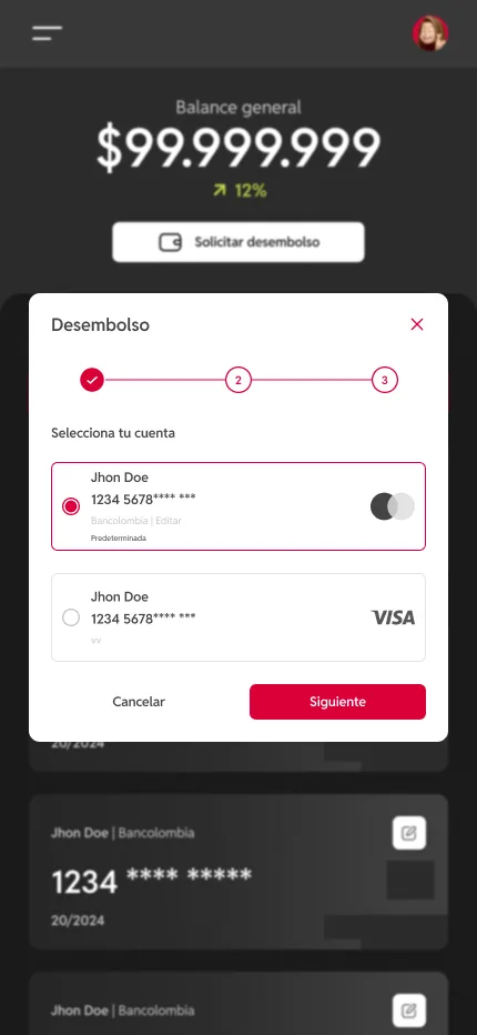 Billetera del creador con el saldo disponible, el congelado y sus cuentas bancarias
