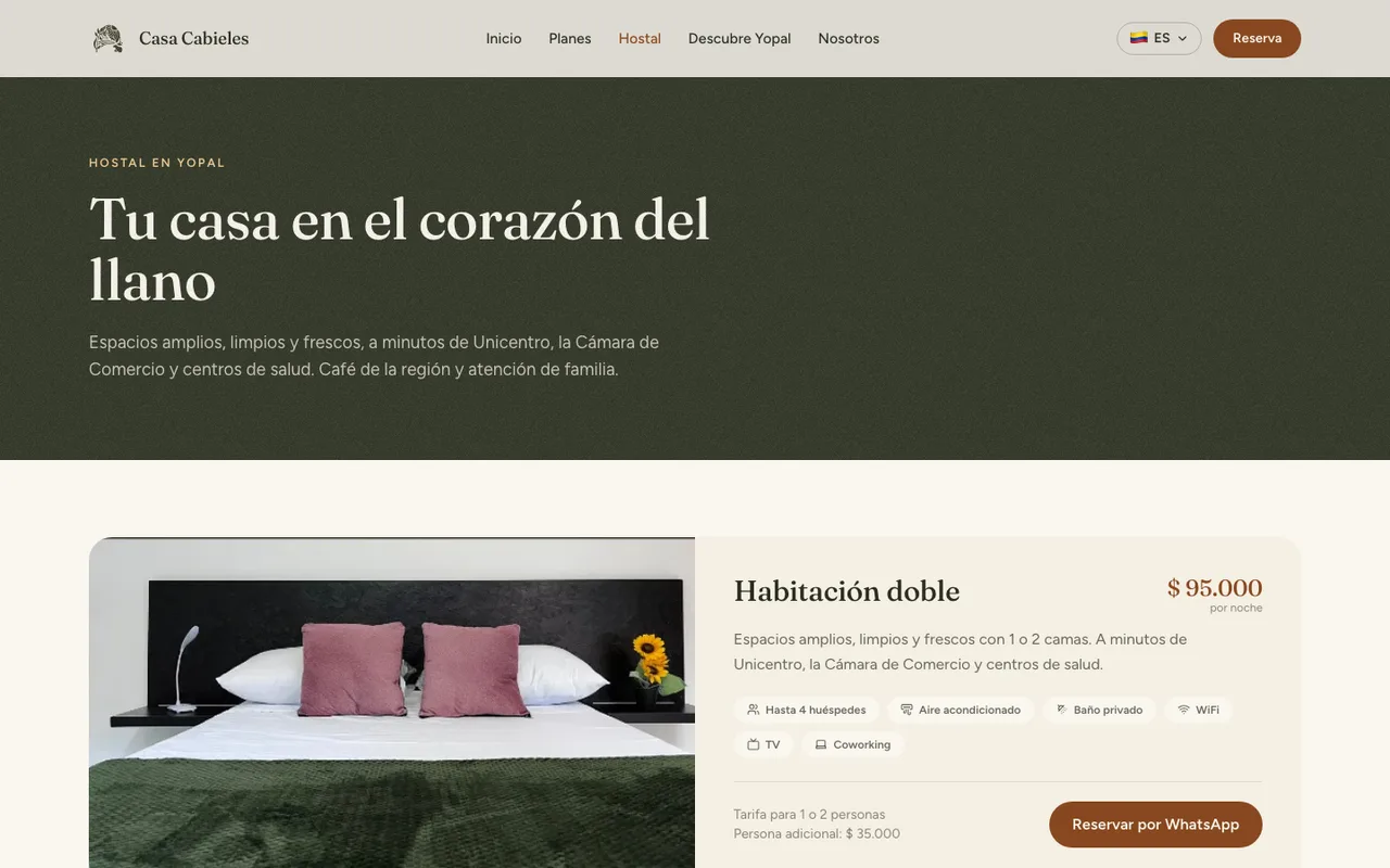 Página del hostal, con las habitaciones y lo que incluye cada una