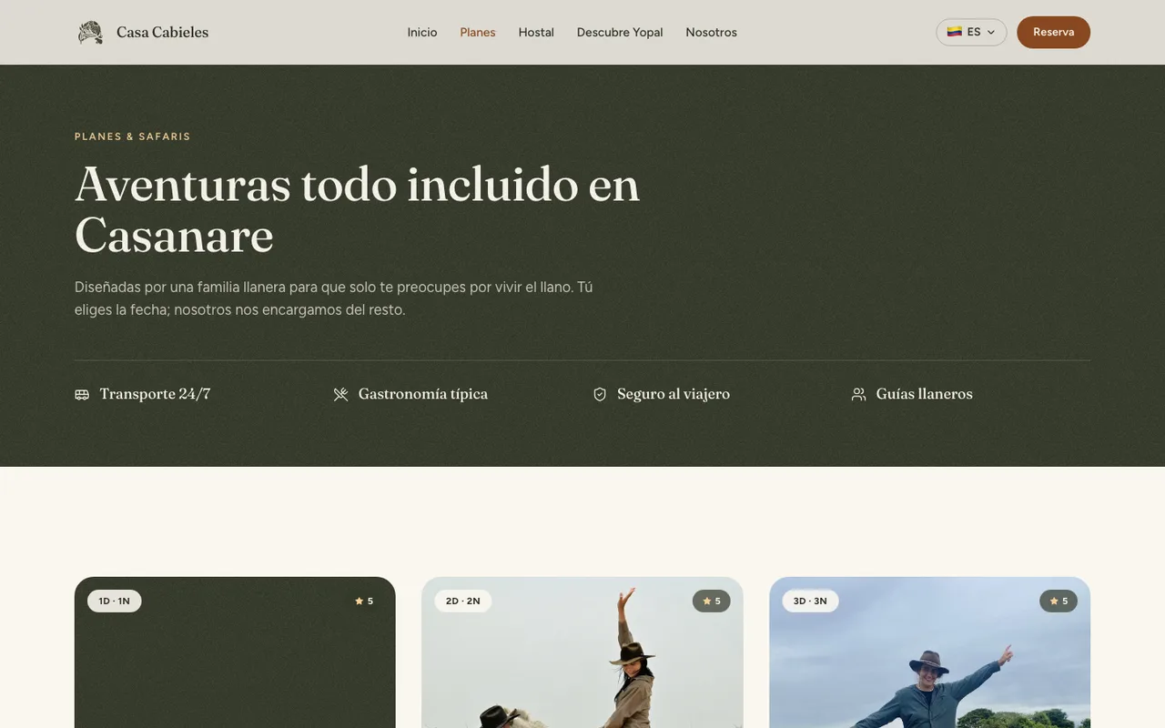 Página de planes del sitio, con lo que incluye cada aventura y las tres tarjetas por duración