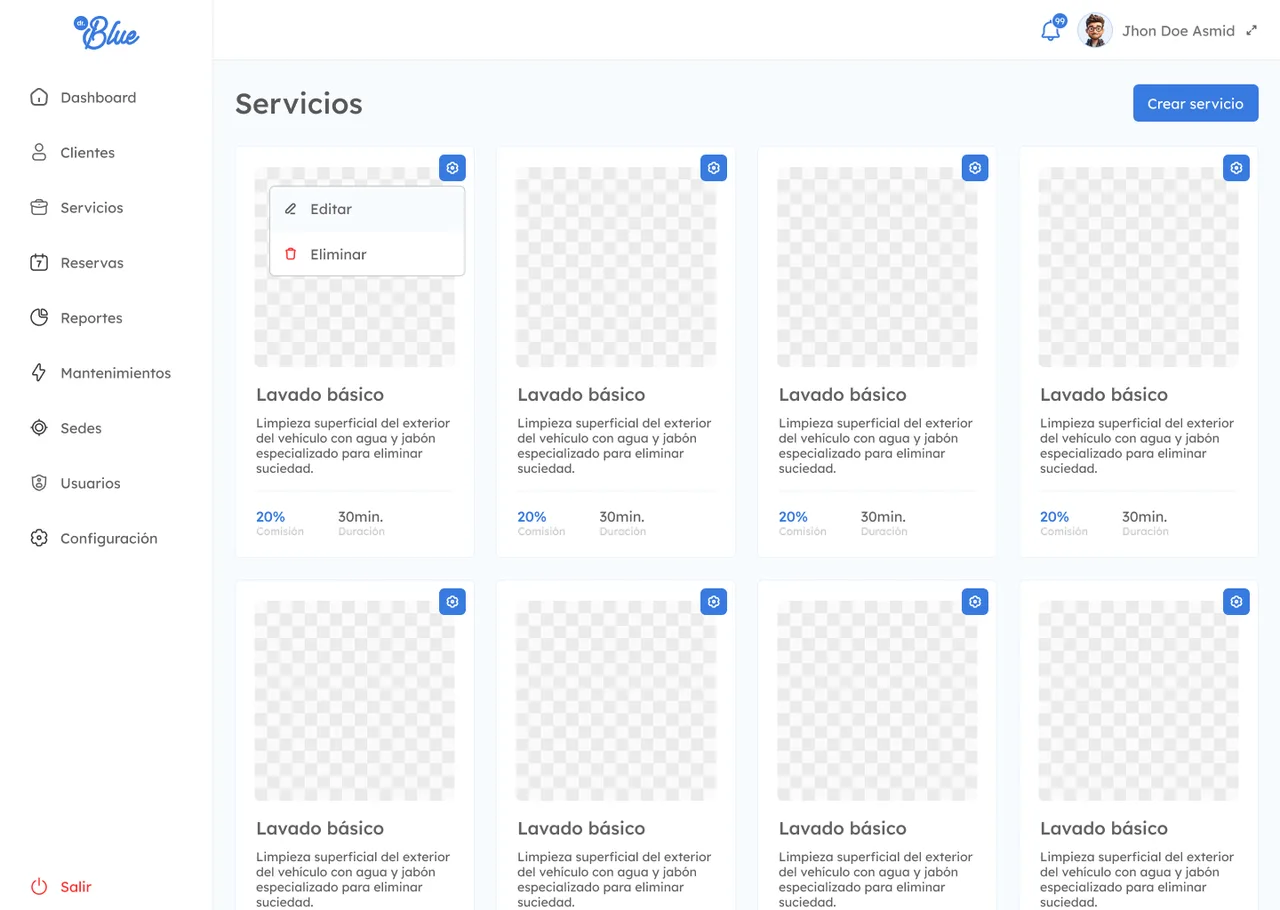 Catálogo de servicios, cada uno con su comisión y su duración