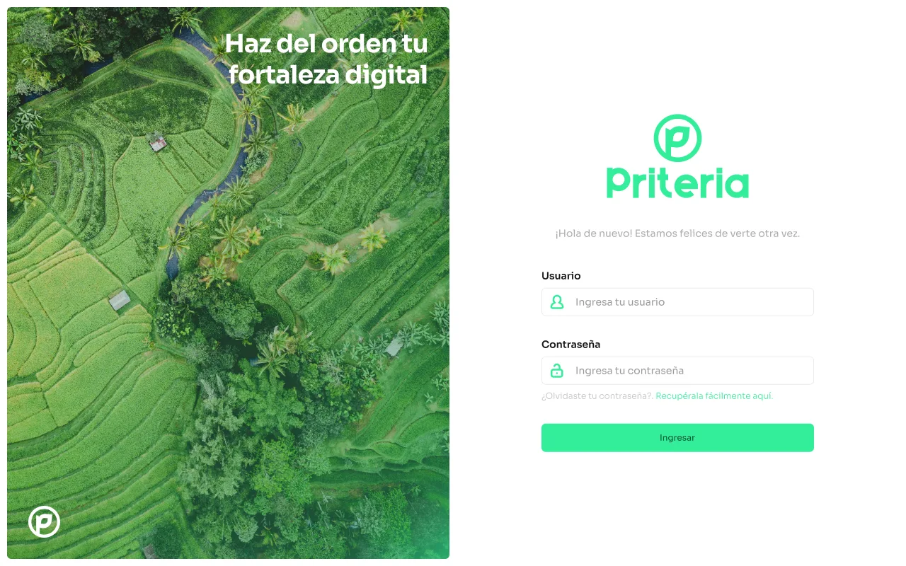 Pantalla de acceso de Priteria con la identidad de marca del proyecto