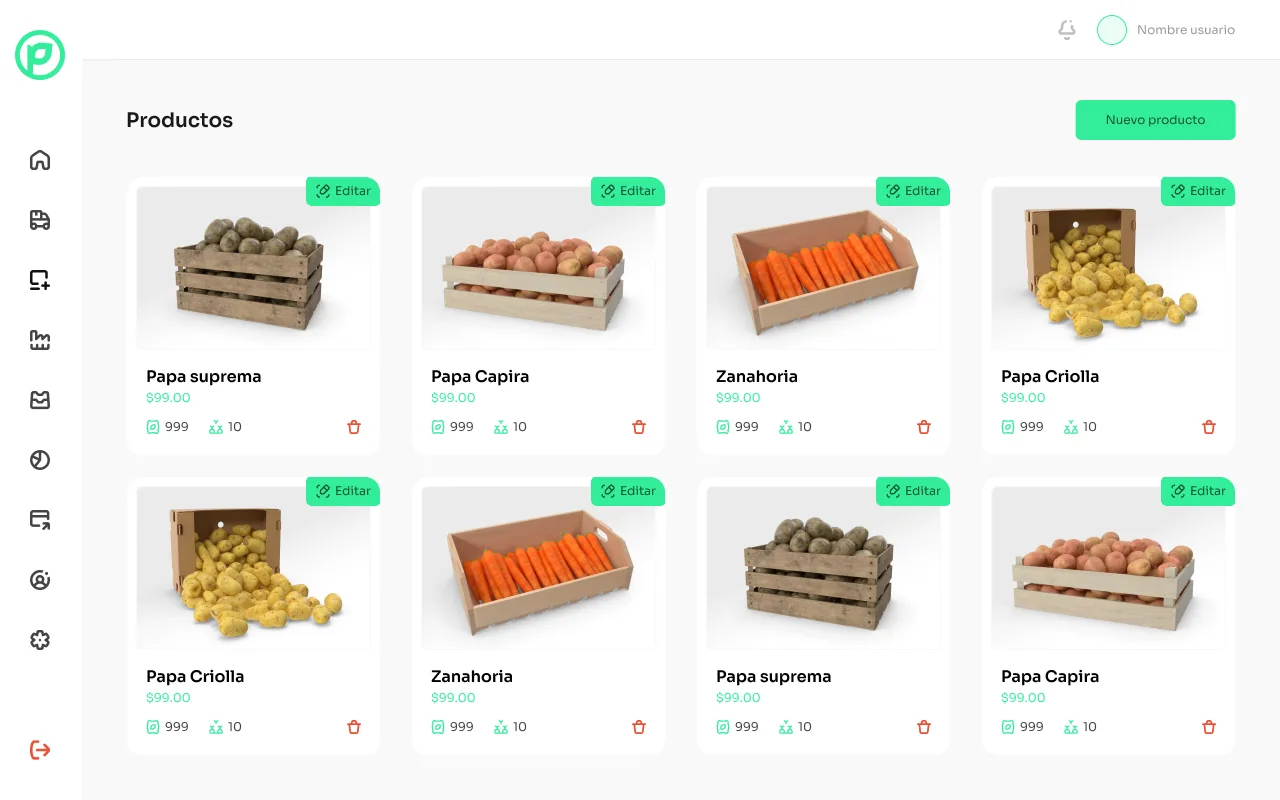 Catálogo de productos con papa suprema, capira, criolla y zanahoria