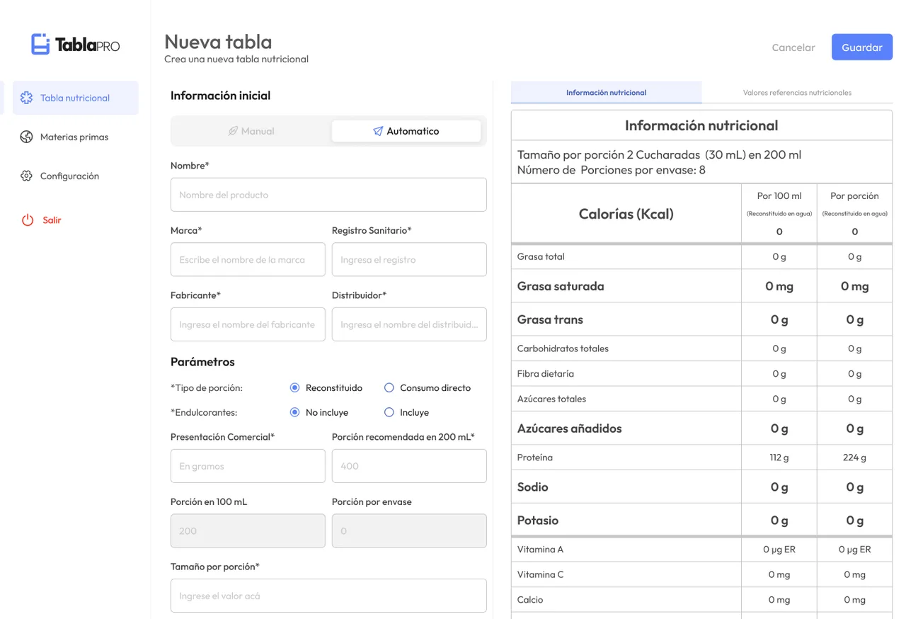 Editor de TablaPro generando una tabla nutricional
