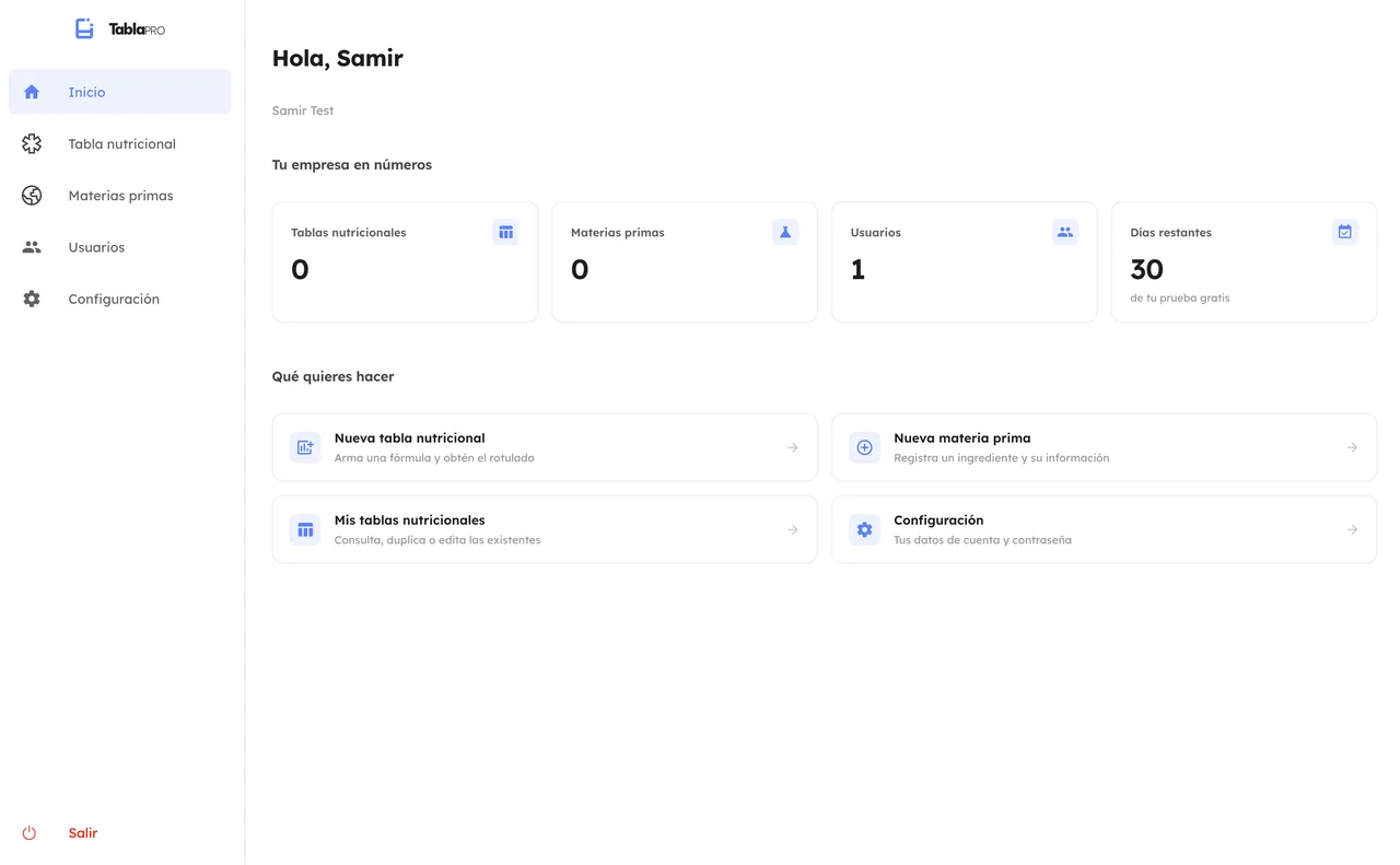 Inicio de TablaPro con el conteo de tablas, materias primas y usuarios de la empresa